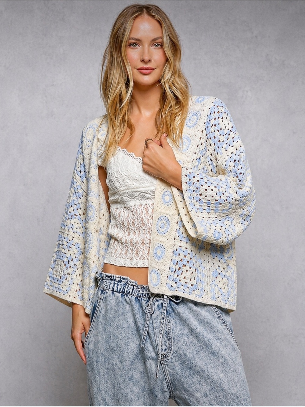 POL Blue Crochet Cardigan Boho Granny Square Kimono Oversized OS Cottagecore